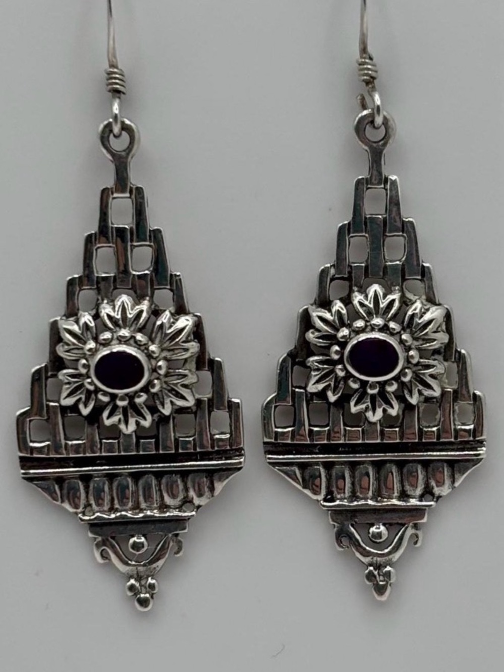 Sterling Silver Floral Drop Earrings with Purple Stone